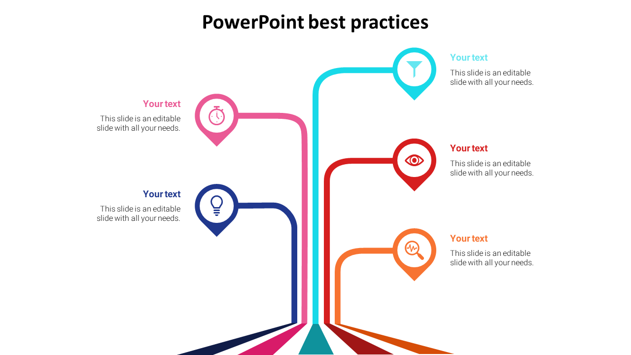 Slide illustrating best practices using colorful pathways and icons, each leading to text captions.