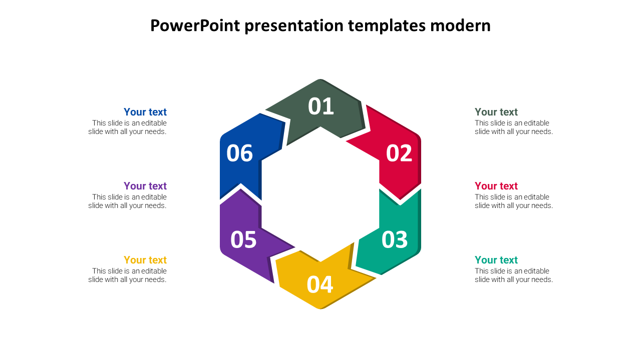 A modern PowerPoint template with a circular design and six numbered sections, each with text fields on a white backdrop.