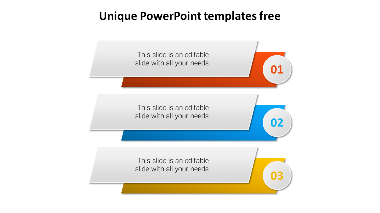 Three numbered sections with different colored backgrounds  for unique templates , each with placeholder text.