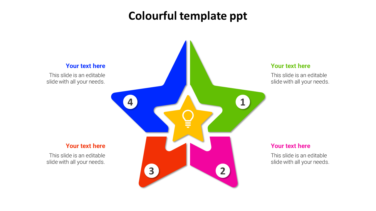 PowerPoint slide featuring a vibrant colorful star design with four labeled sections surrounding a central icon.