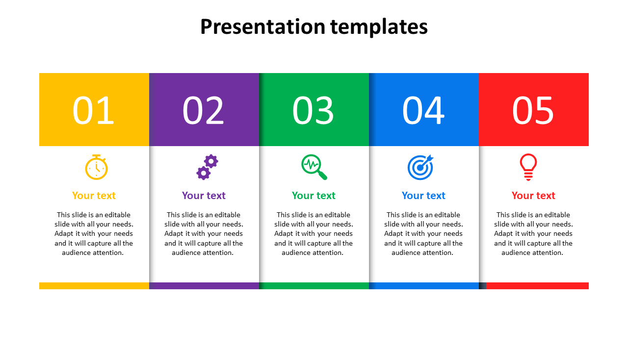 Five vertical numbered blocks for presentation, each in a different color, displaying icons and text placeholders.