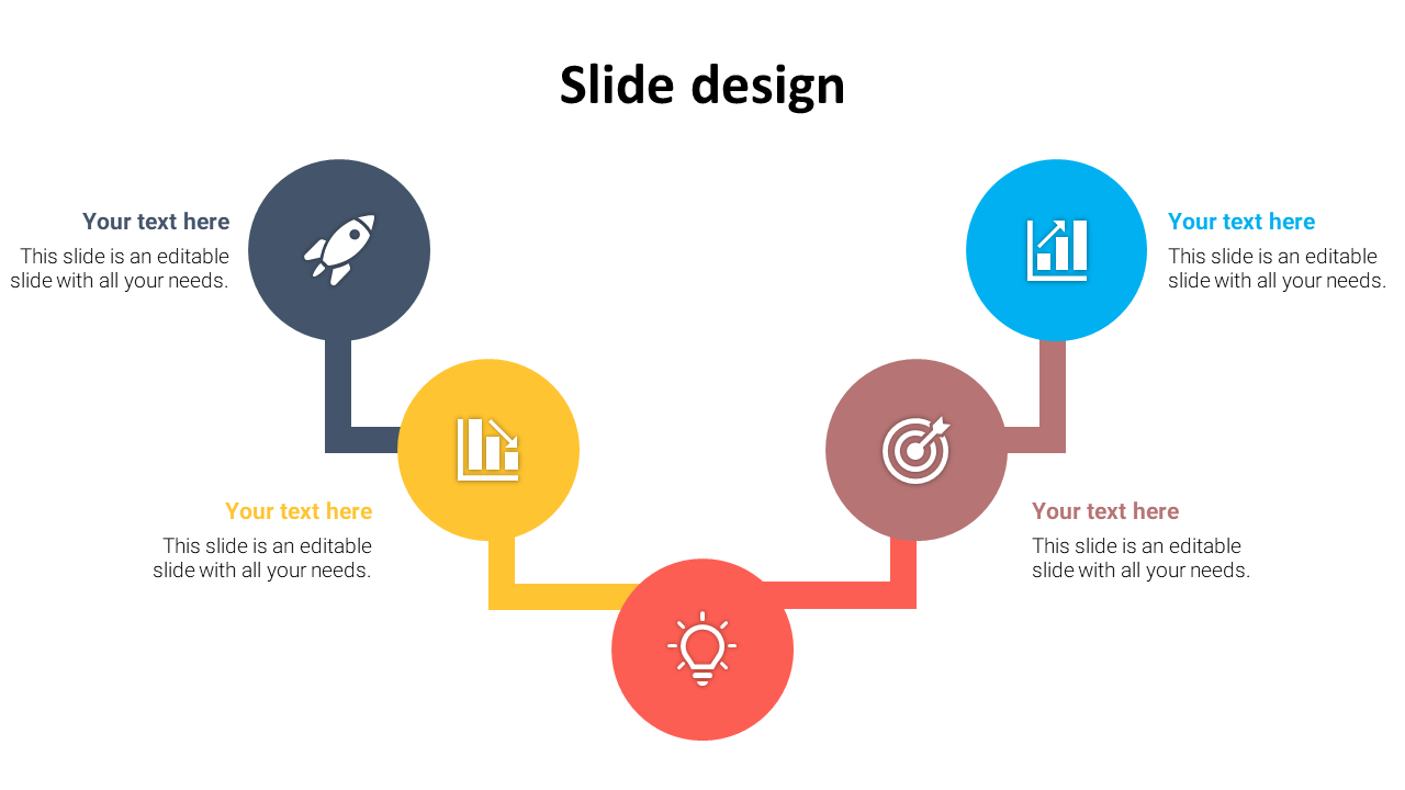 Colorful circular icons in a sequence, using gray, yellow, red, brown, and blue, with an interconnecting design.