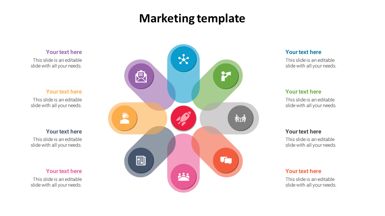 A marketing PowerPoint template featuring a colorful, flower like design with icons and text sections on a white backdrop.