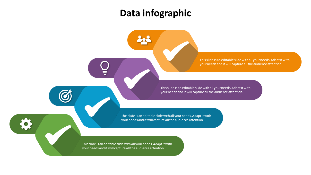 A colorful data infographic PowerPoint slide with hexagonal sections and icons, each with text areas on a white backdrop.