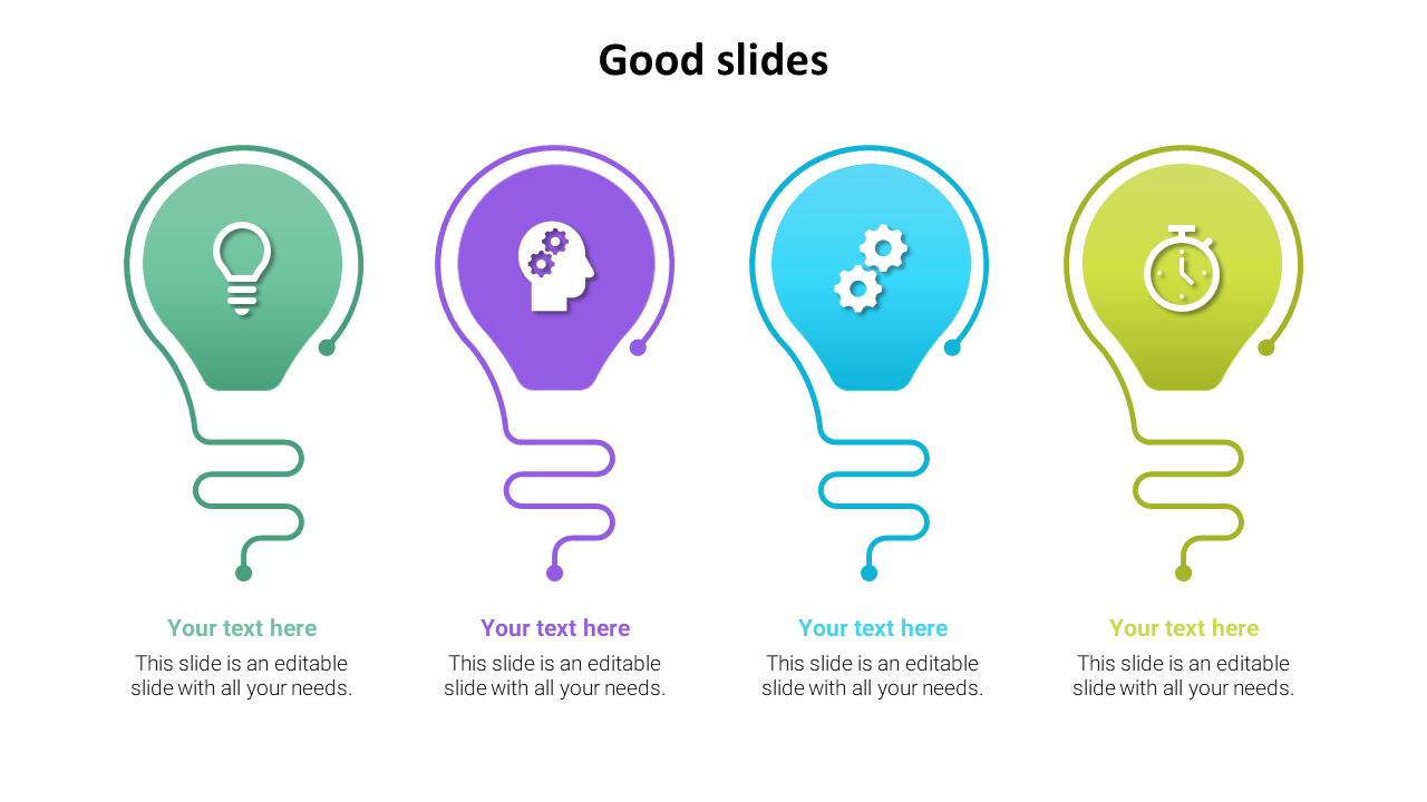 Slide with four colorful light bulb icons in green, purple, blue, and yellow, with icons and text below each.