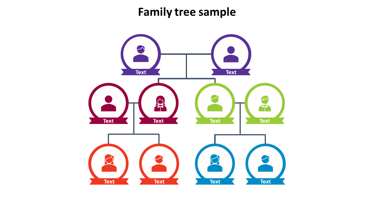 Family tree sample slide with a multicolored hierarchical layout showing family members in circles with placeholder text.