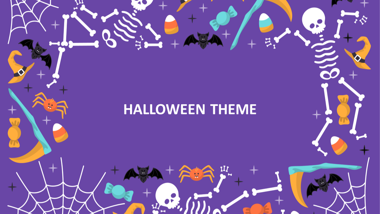 Halloween themed PowerPoint background slide with skeletons, bats, candy, spiders, and a witch's hat on a purple backdrop.