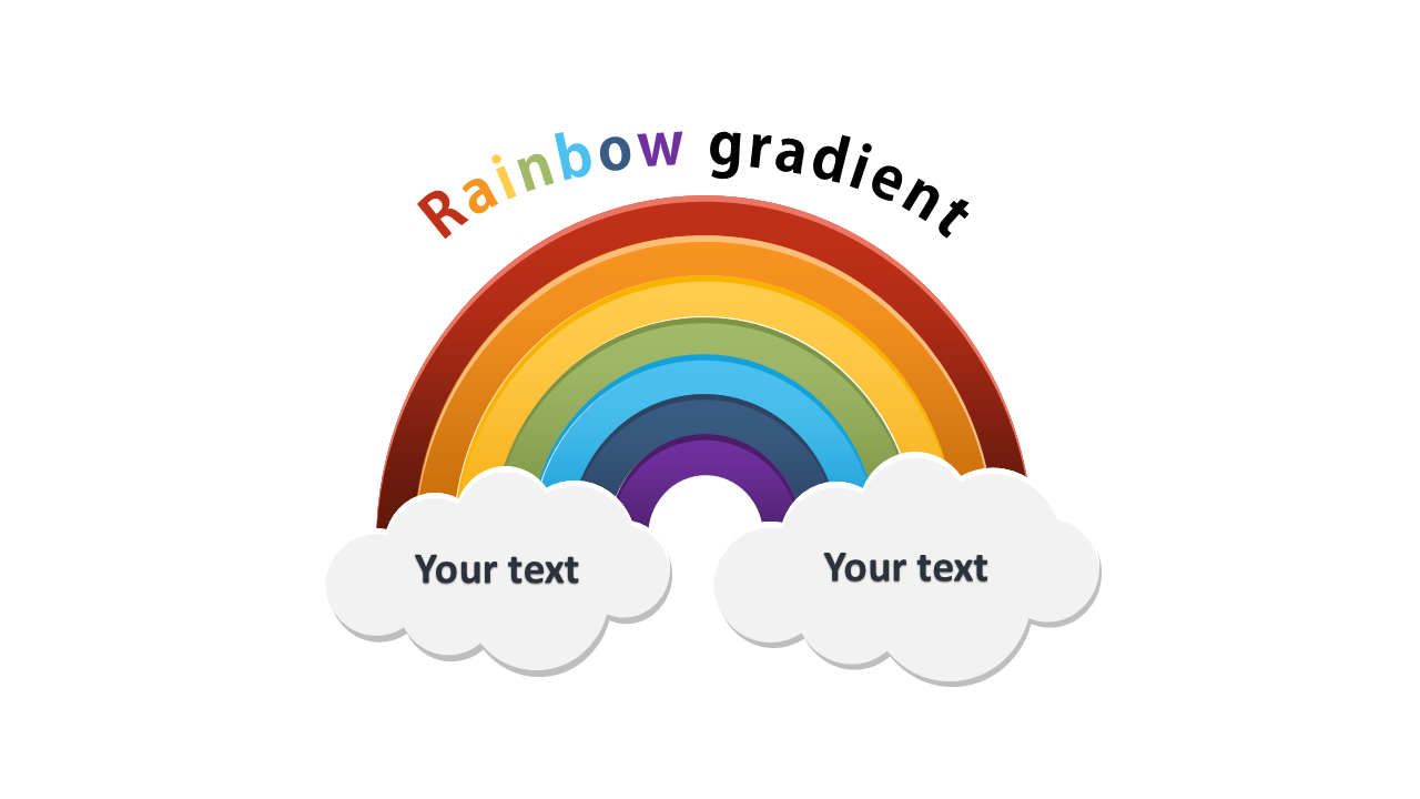 Rainbow with seven colored arcs and two white clouds at the ends, with space for text inside.