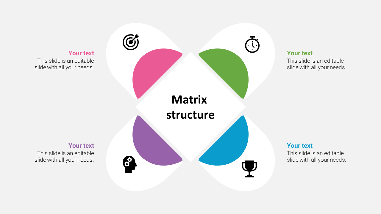 Matrix slide design with pie segments in pink, green, purple, and blue with corresponding icons and a central label.