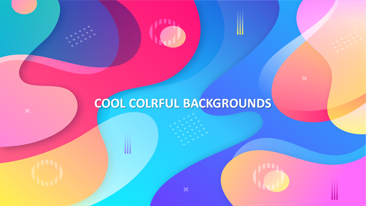 A vibrant and colorful background PPT slide with abstract shapes and patterns in pink, blue, and yellow.