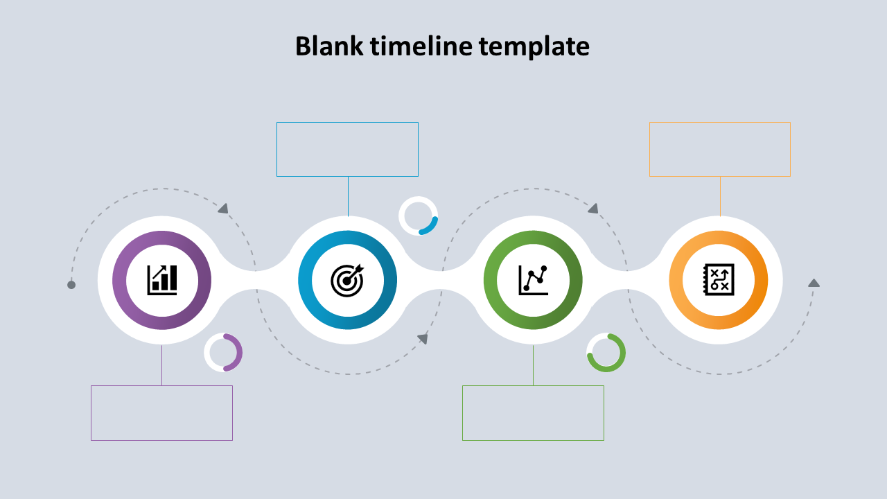 Four step circular timeline in purple, blue, green, and orange with icons and blank text boxes, on a light background.