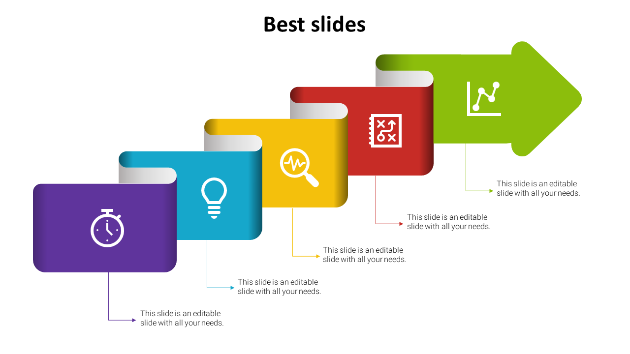 A Colorful, step by step infographic slide with five sections in different colors, featuring icons with placeholder text.