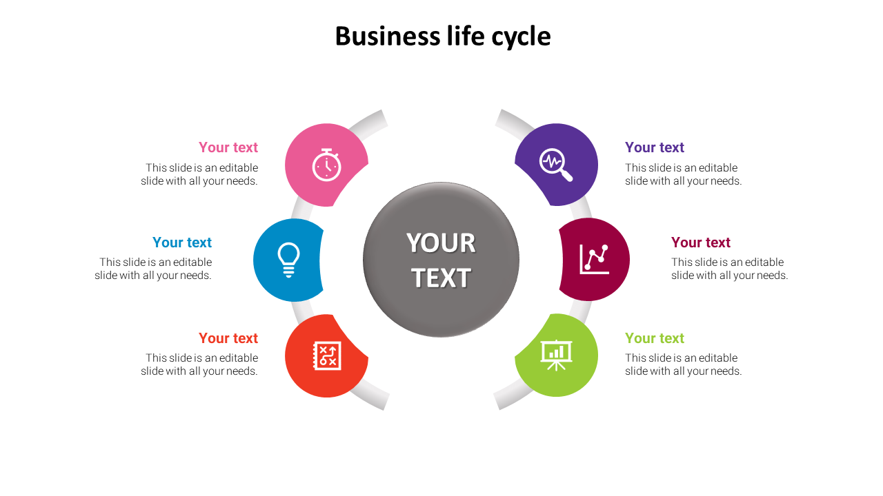 Business life cycle wheel featuring six parts with icons like a clock, lightbulb, and graph, each linked to placeholder text.