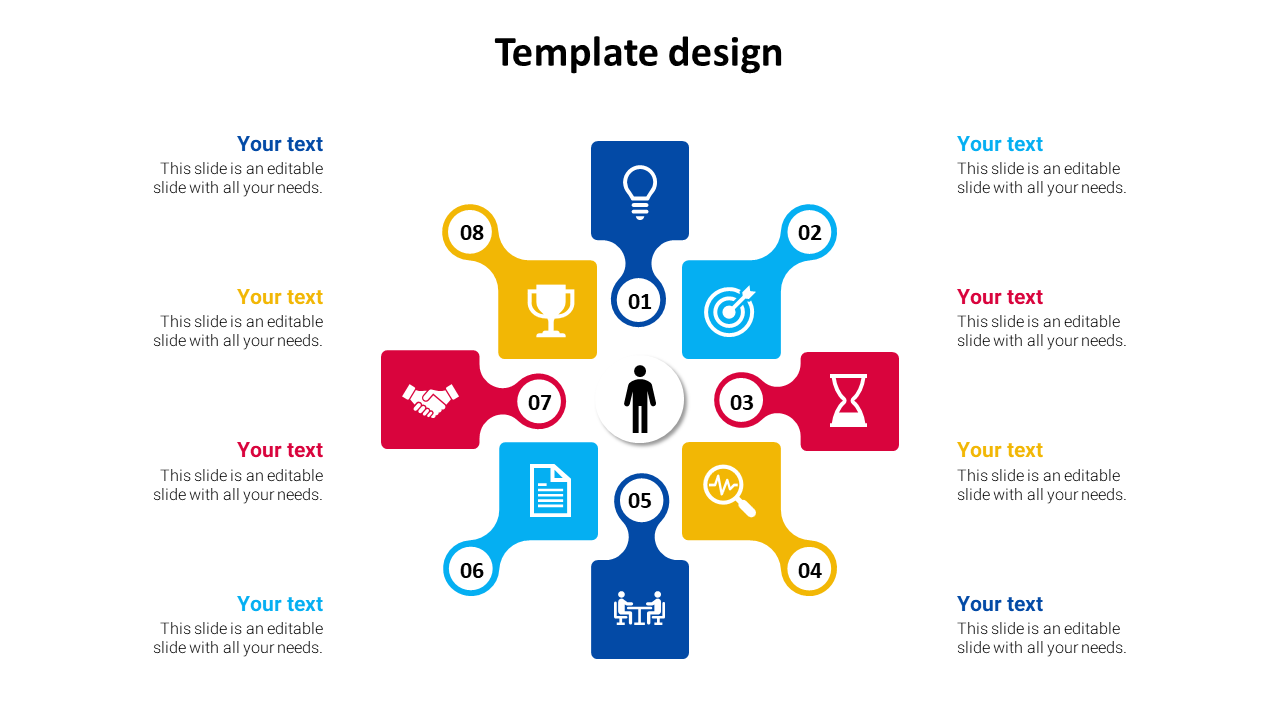 Circular layout with eight square shapes in navy, blue, red, and yellow, each containing icons around a central figure.