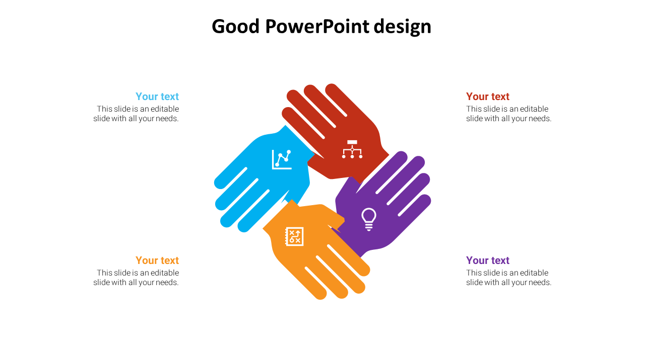 A PowerPoint slide with four hands in vibrant colors, symbolizing collaboration with different task icons.