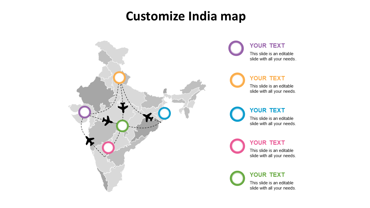 Map of India with six highlighted points connected by airplane icons and dotted lines, paired with caption areas.