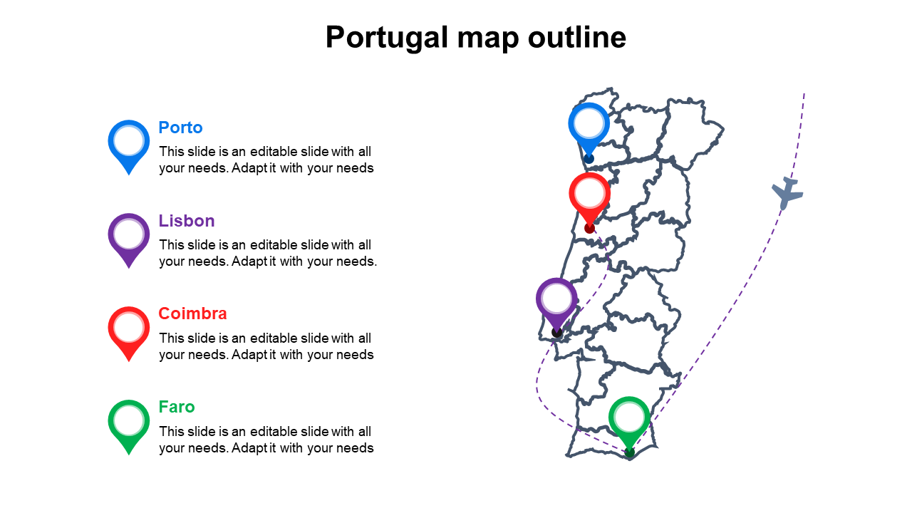 Map of portugal with colored location markers for four cities each with text for descriptions.