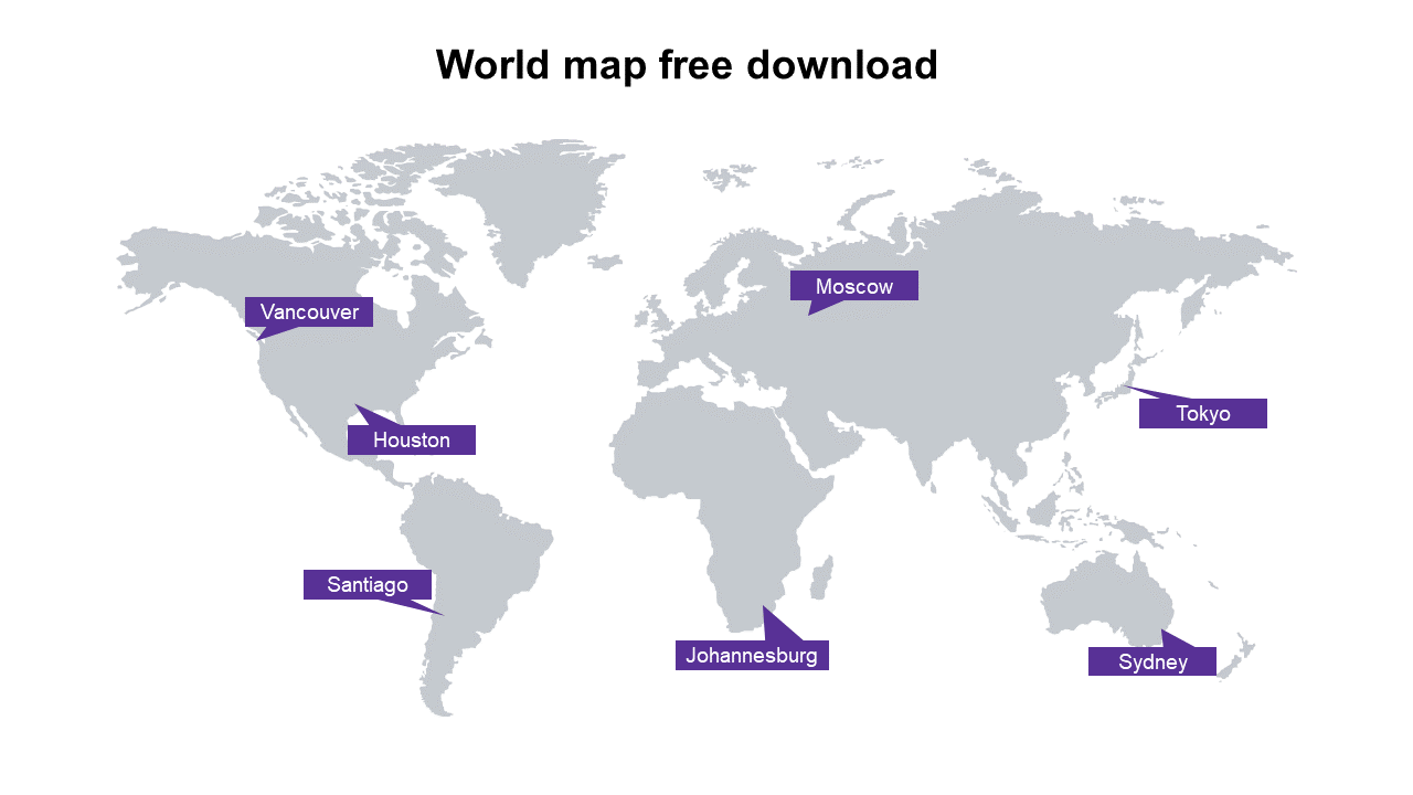 Slide displaying a gray world map with purple labels marking major cities across different continents.