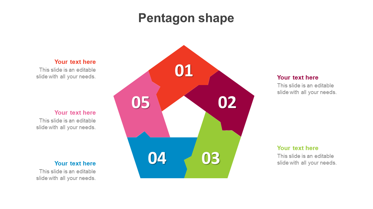 Pentagon shape divided into five colorful sections numbered 01 to 05 with matching text areas.