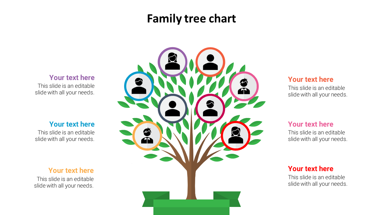 Illustration of a family tree chart featuring a tree with colorful circles representing family members with placeholder text.