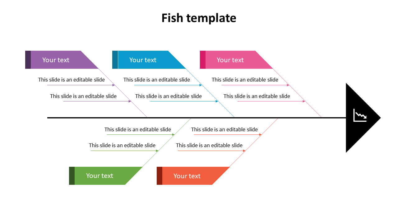 Fish template with six colored text sections aligned on a central line, ending with a fish tail icon.