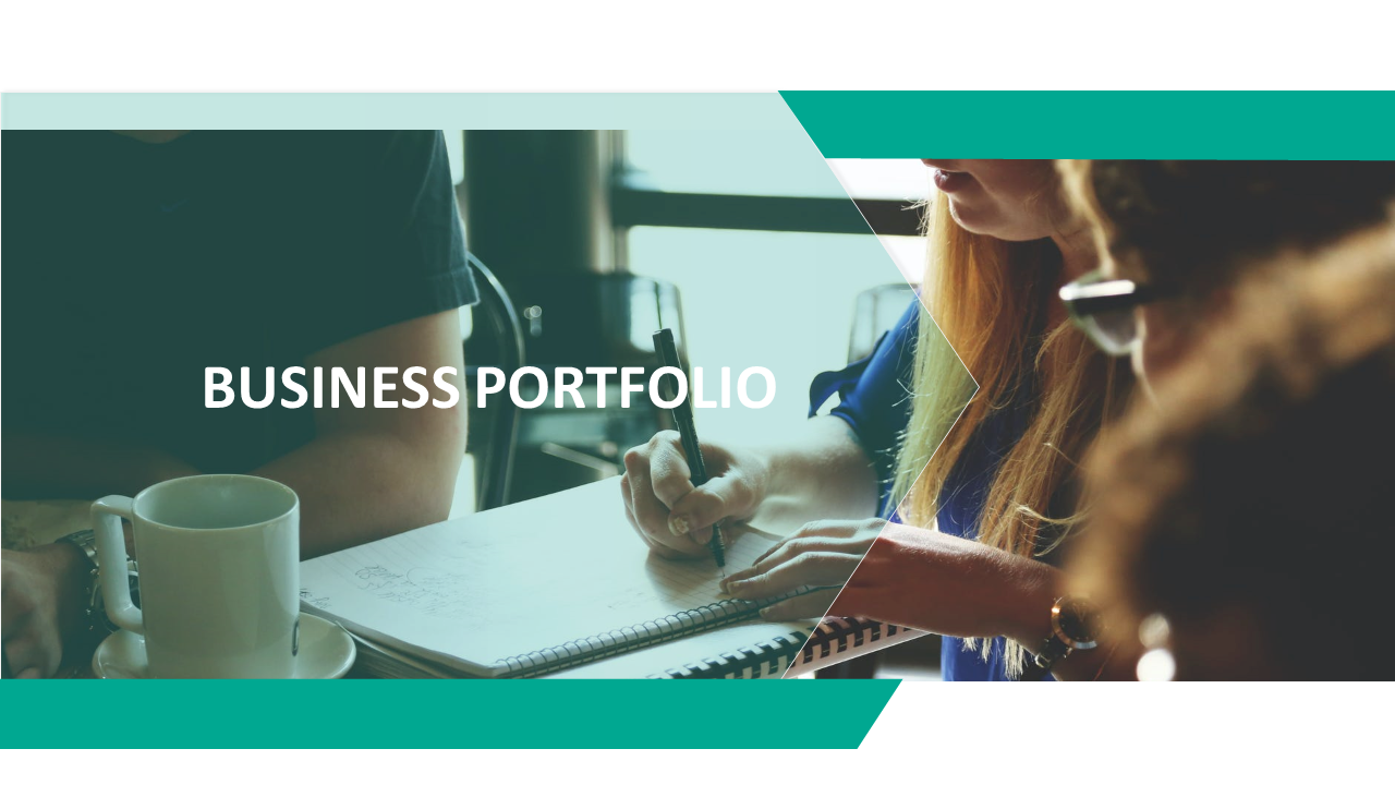 Business themed layout with green shape overlay on a focus of people collaborating, with a cup and notebook visible.