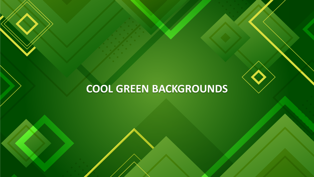 Abstract green background with layered geometric shapes and squares in various shades of green and yellow.