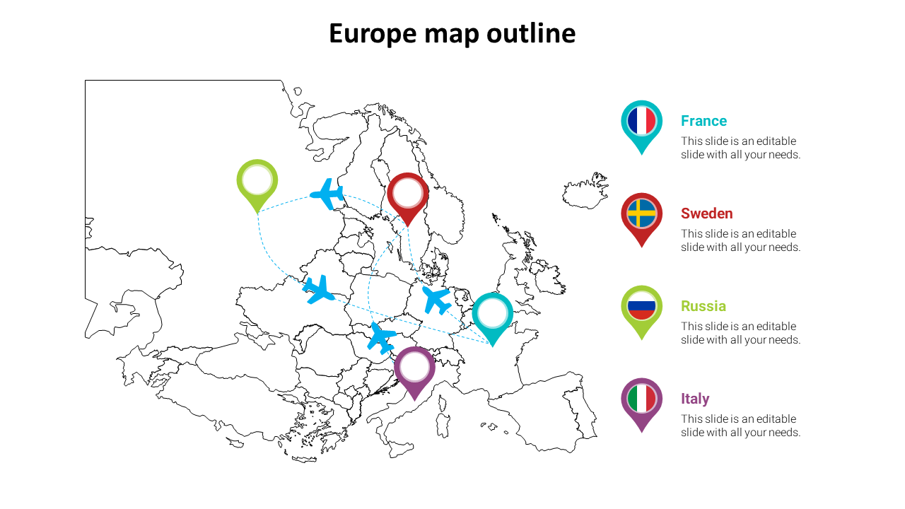 Europe map PPT slide features outline with markers indicating countries like France, Sweden, Russia, and Italy with text.