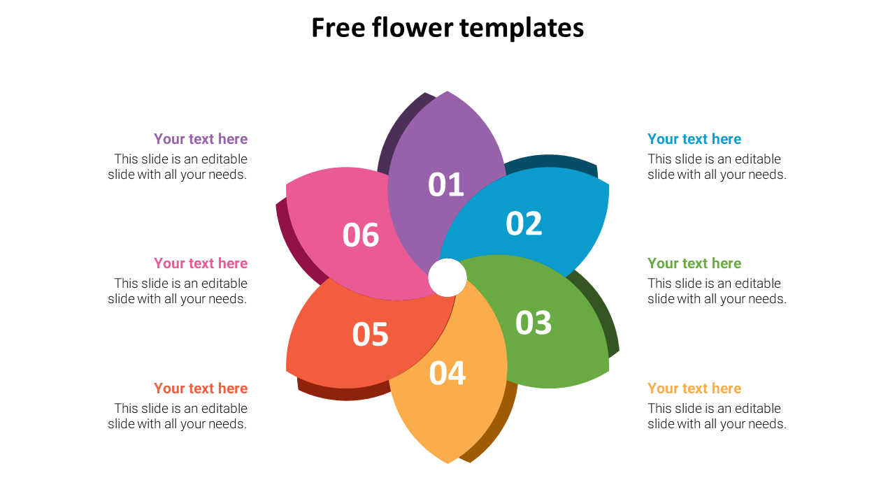 Six-segment flower chart in bright colors, each petal containing a number, with aligned text fields on both sides.