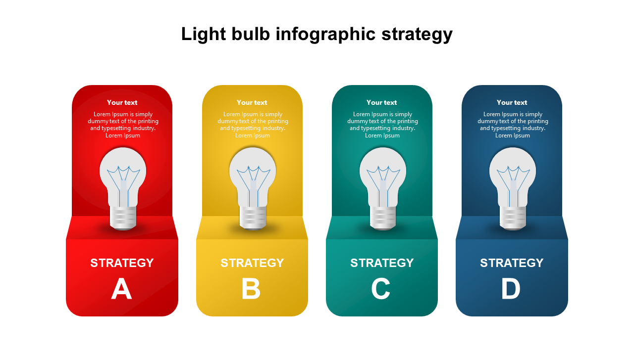 Four light bulb icons in red, yellow, green, and blue columns with placeholders for text and strategy labels.