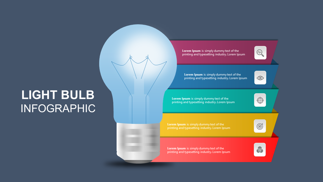 Light bulb illustration paired with five labeled sections in red, yellow, teal, blue, and purple on a dark background.