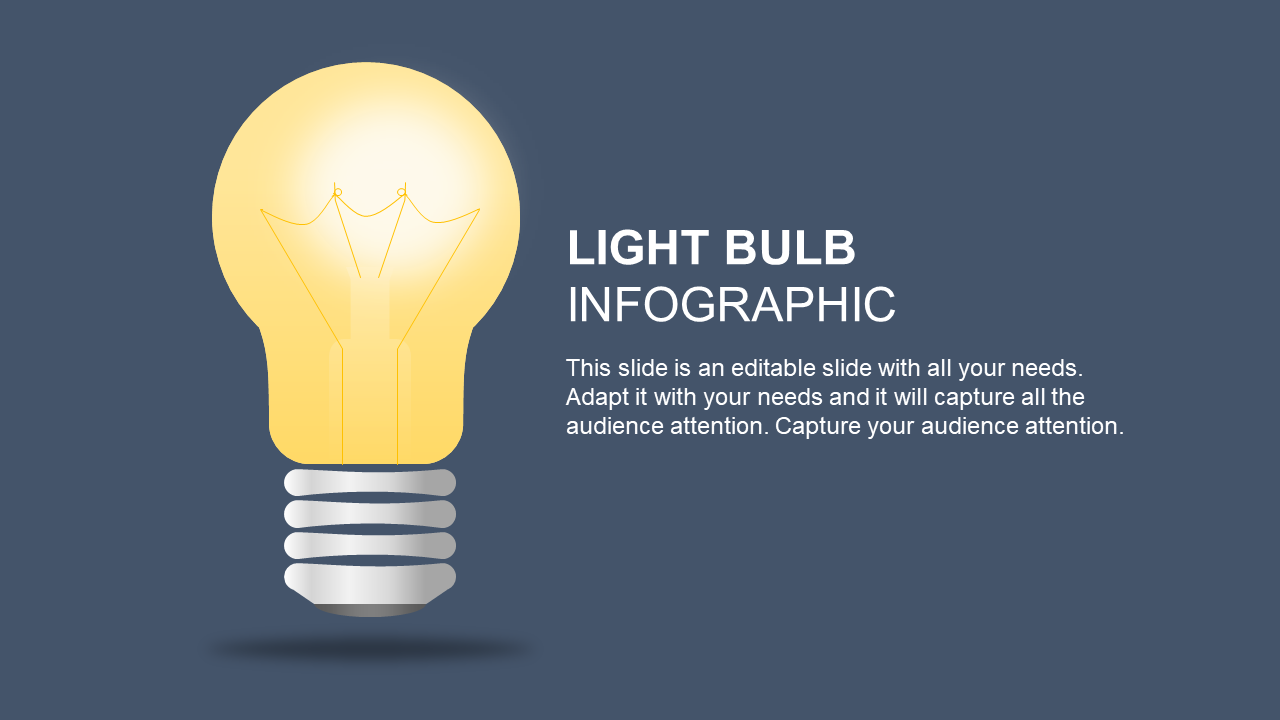 Illustration of a glowing light bulb on the left, with placeholder text on the right against a dark gray background.