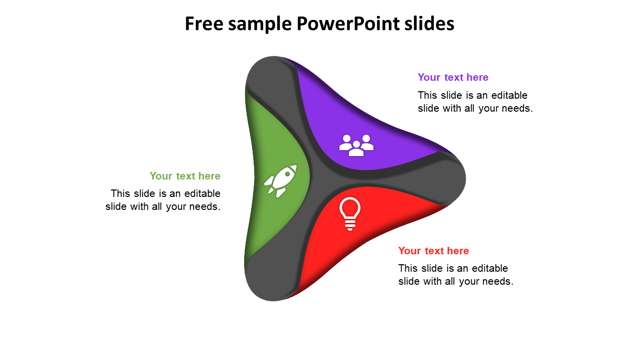 Sample PowerPoint slide featuring a triangular diagram with colorful segments and icons with placeholder text.