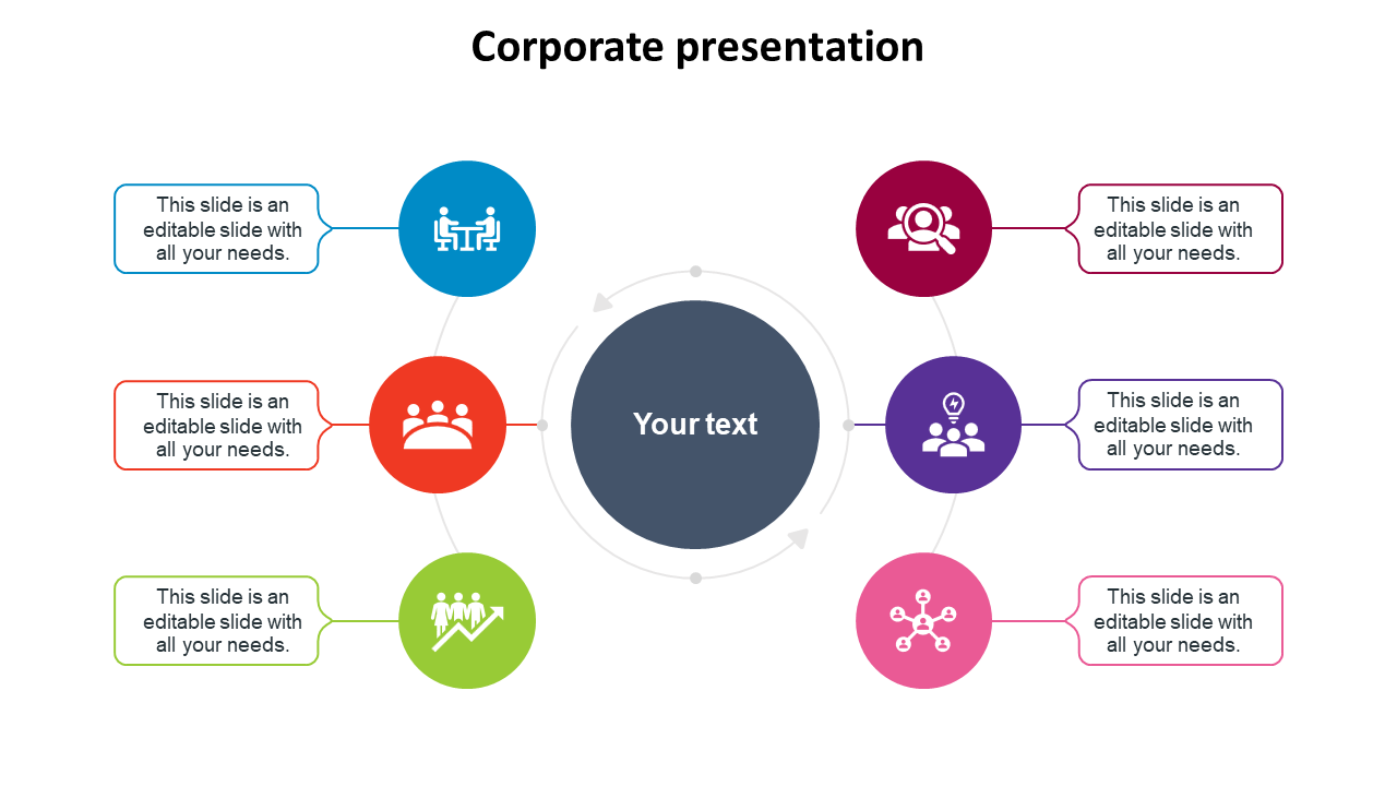 Circular layout with six colored segments in blue, orange, green, red, purple, and pink, each with icons and captions.