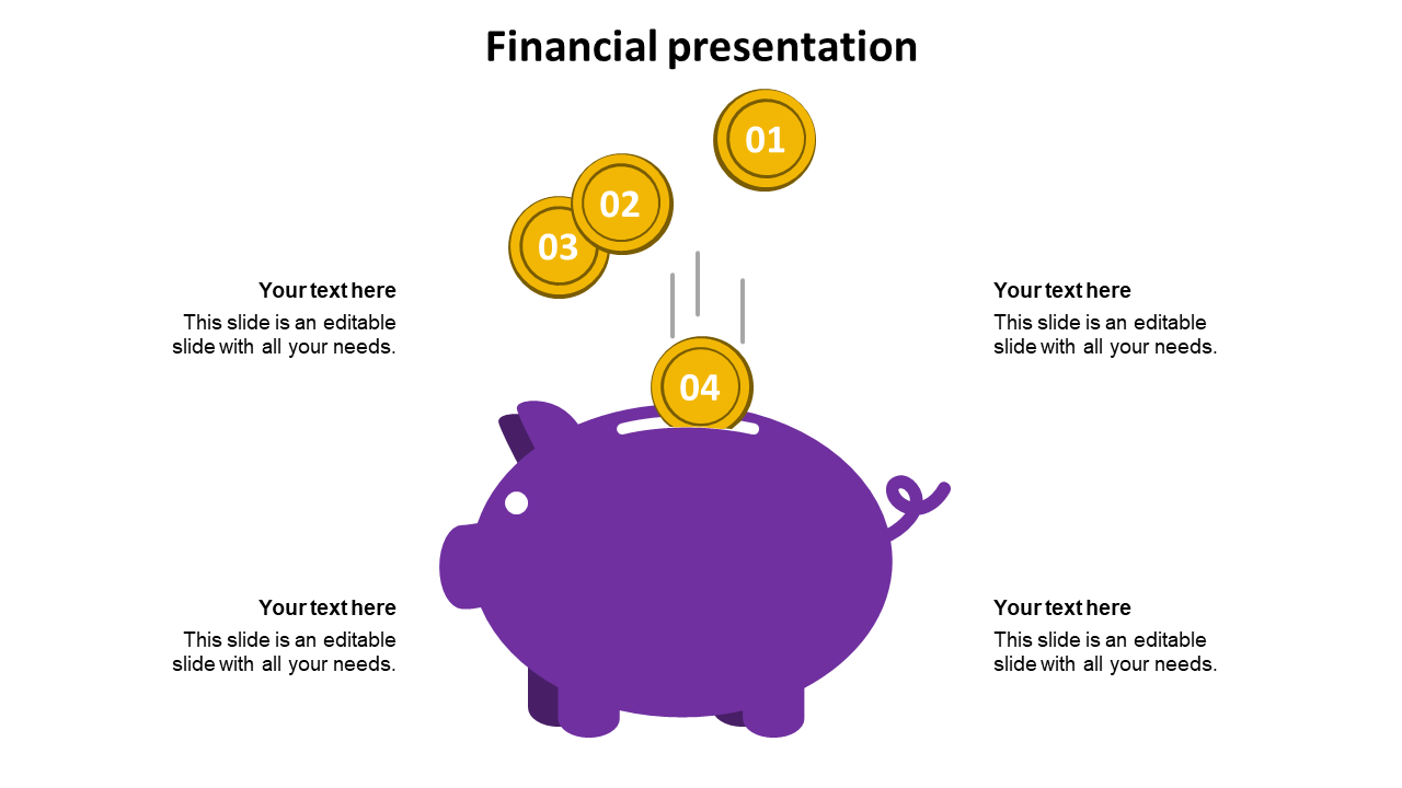 Purple piggy bank with four numbered gold coins falling into it, surrounded by text sections for a financial presentation.