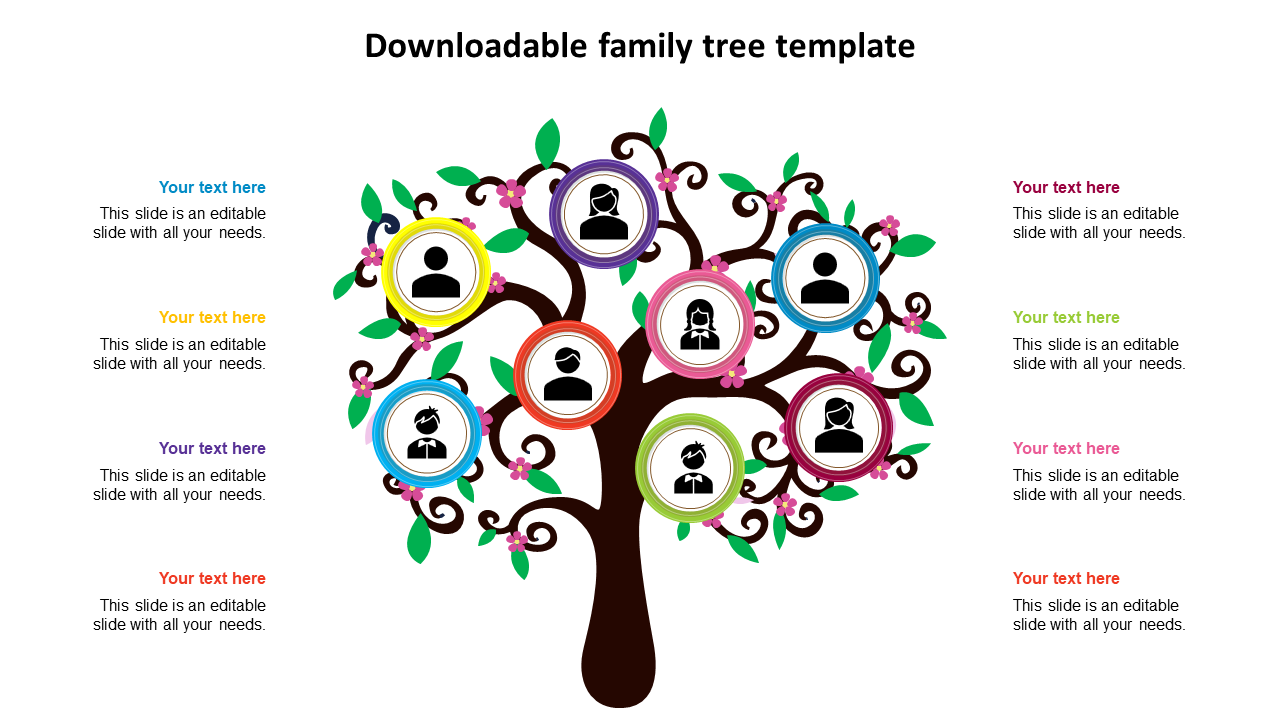 Colorful family tree diagram with nine user icons framed in circular nodes on a stylized tree with branches and leaves.