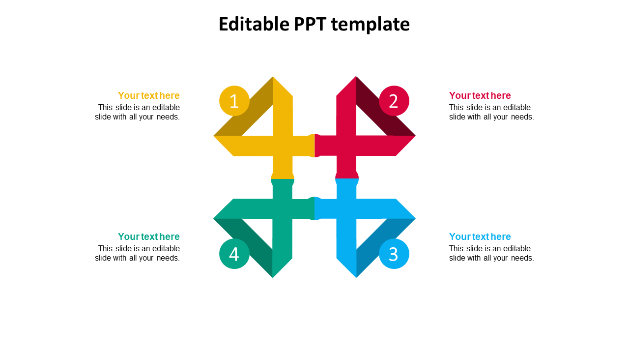 PowerPoint template featuring colorful arrows in a grid with numbered sections for text on a white backdrop.