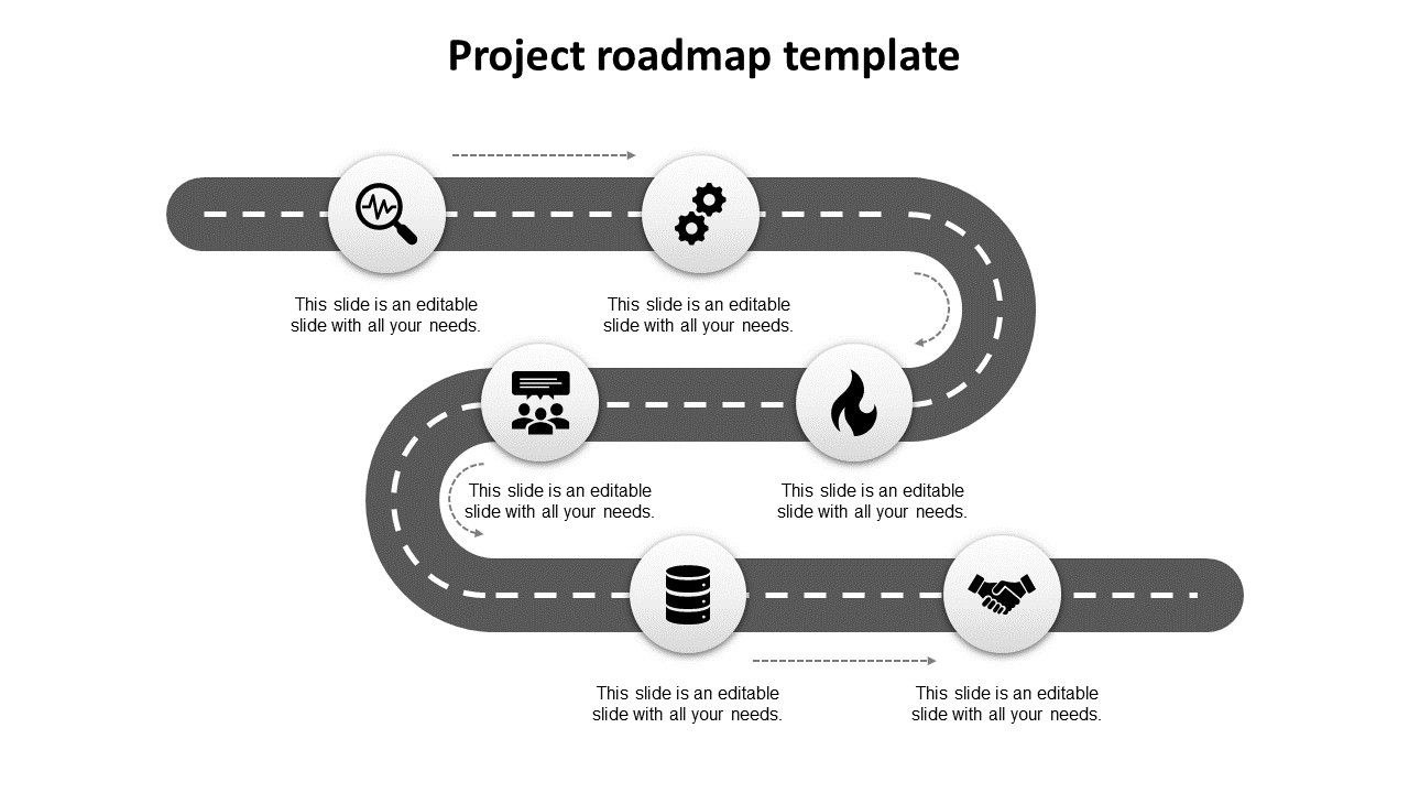 Black winding road with white circular milestones and icons, showing a project roadmap, set on a gray background.