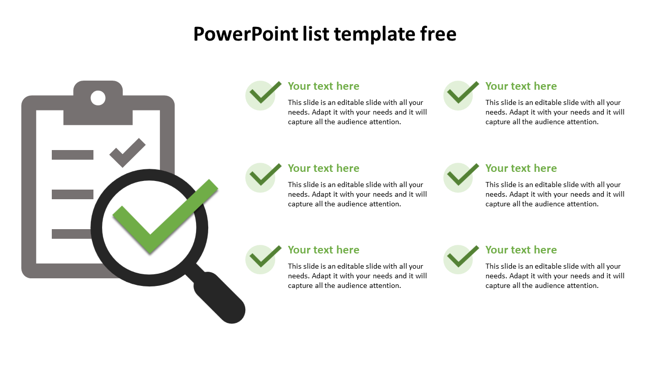 A clipboard icon with a magnifying glass containing a green check mark, followed by six check-marked text boxes.