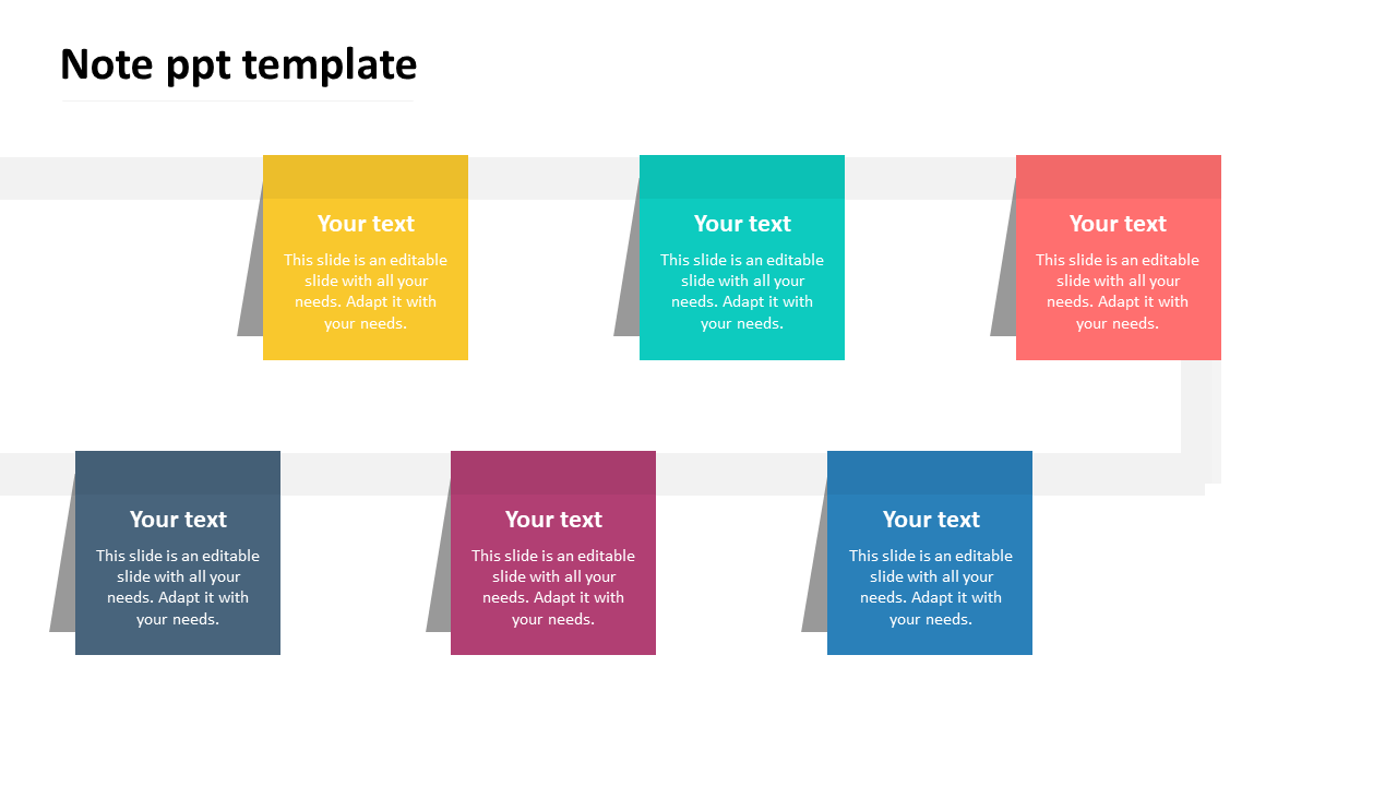 Two rows of sticky notes in various colors, each containing placeholder text placed in a white background.