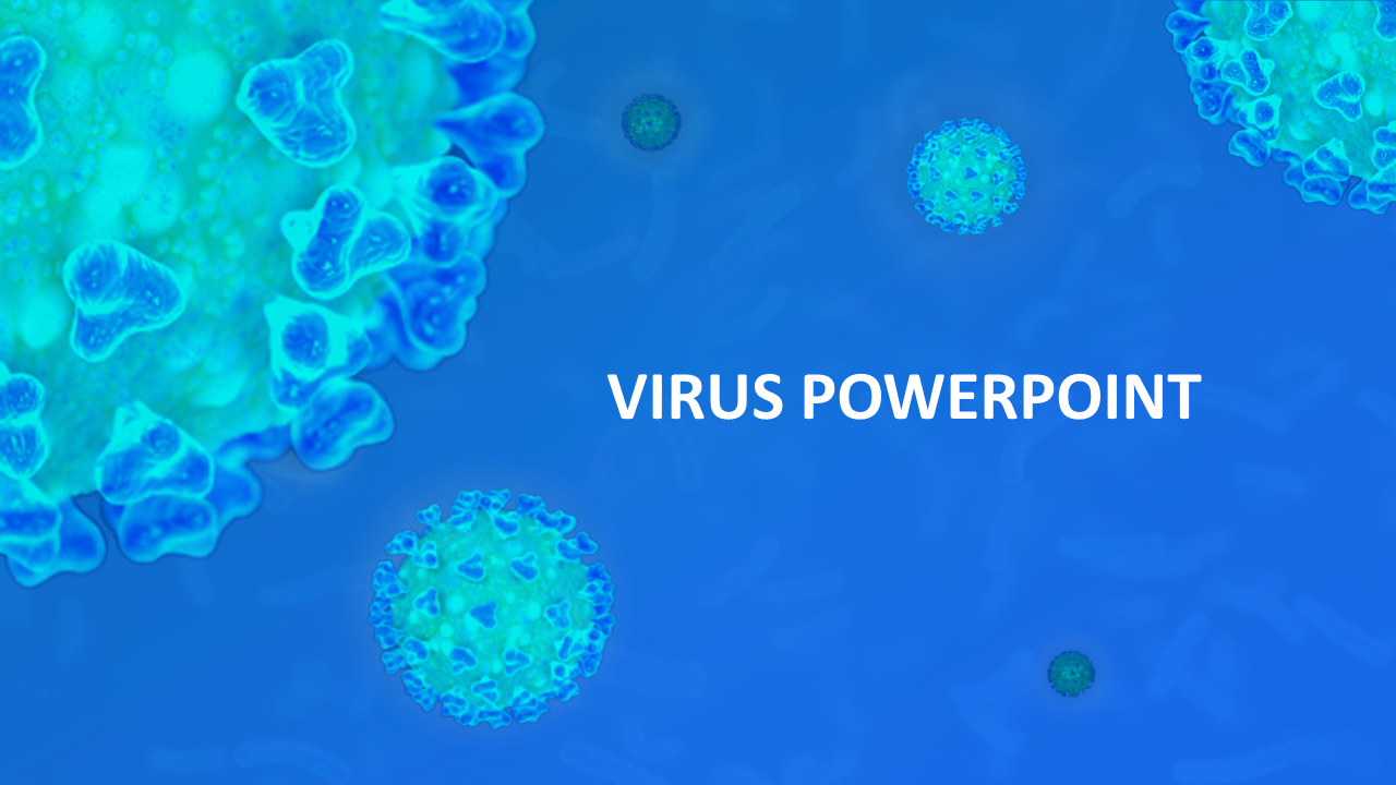 Microscopic virus illustration with blue and green viral particles on a gradient blue background.