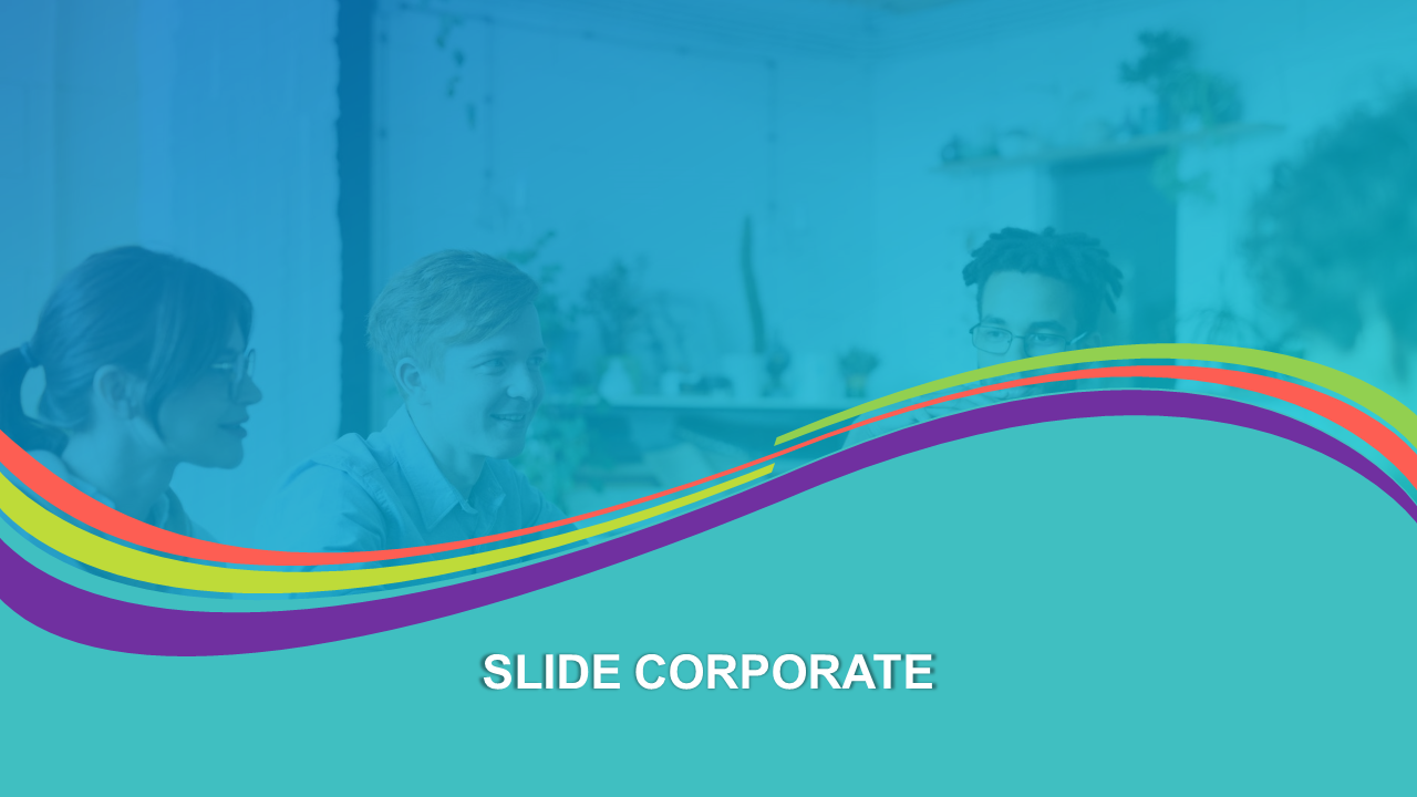 A corporate themed slide featuring a vibrant rainbow wave overlay on a group of professionals engaged in a discussion.