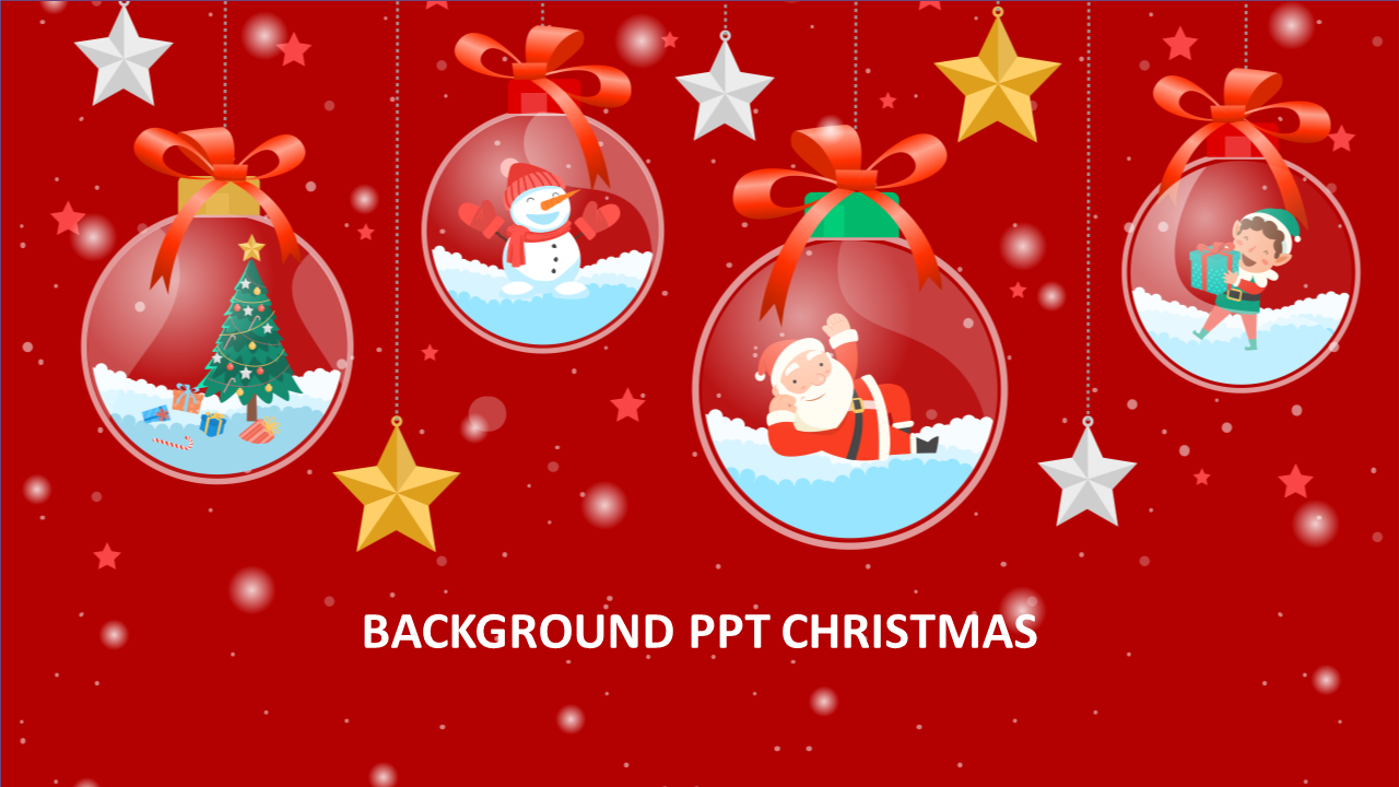 Festive Christmas themed PPT slide featuring ornaments, snow, and a red backdrop.