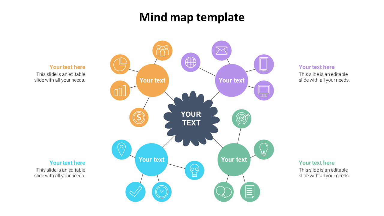 Mind map PowerPoint slide with central and surrounding nodes for text, each with unique icons representing different ideas.