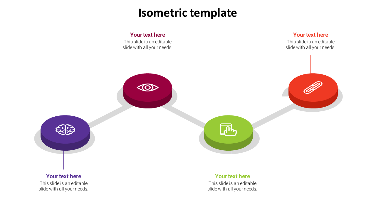 Isometric PowerPoint slide with a timeline and icons representing different steps or stages.