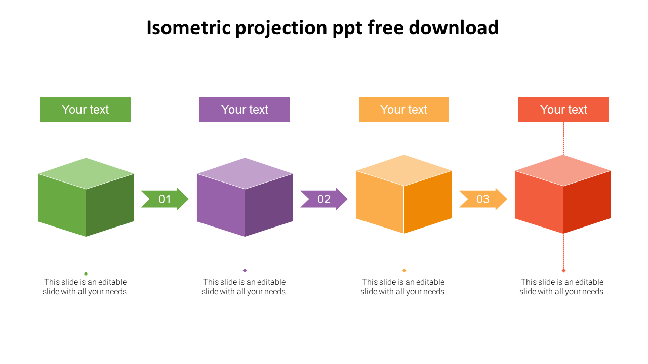 Isometric projection slide featuring three colorful cubes and text sections for annotations.