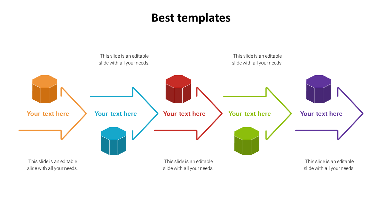 Template with five outlined arrows in yellow, blue, red, green, and purple, each paired with 3D hexagons and captions.