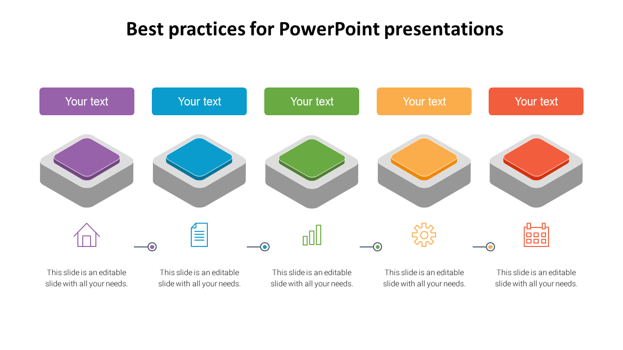 Best practices for PPT slide with five colored blocks, each linked to icons and placeholder text.