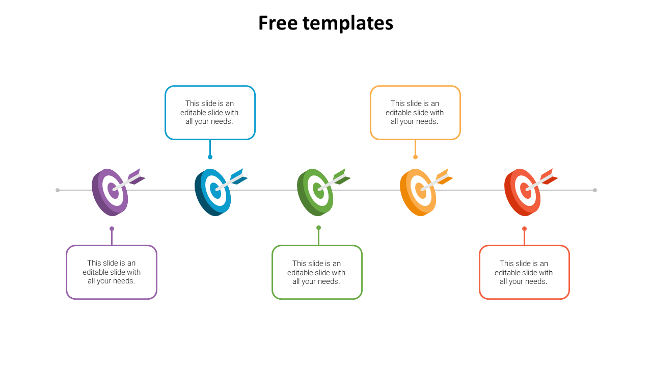 A simple and effective PowerPoint slide with five colorful targets, symbolizing goals, with text boxes on a white backdrop.