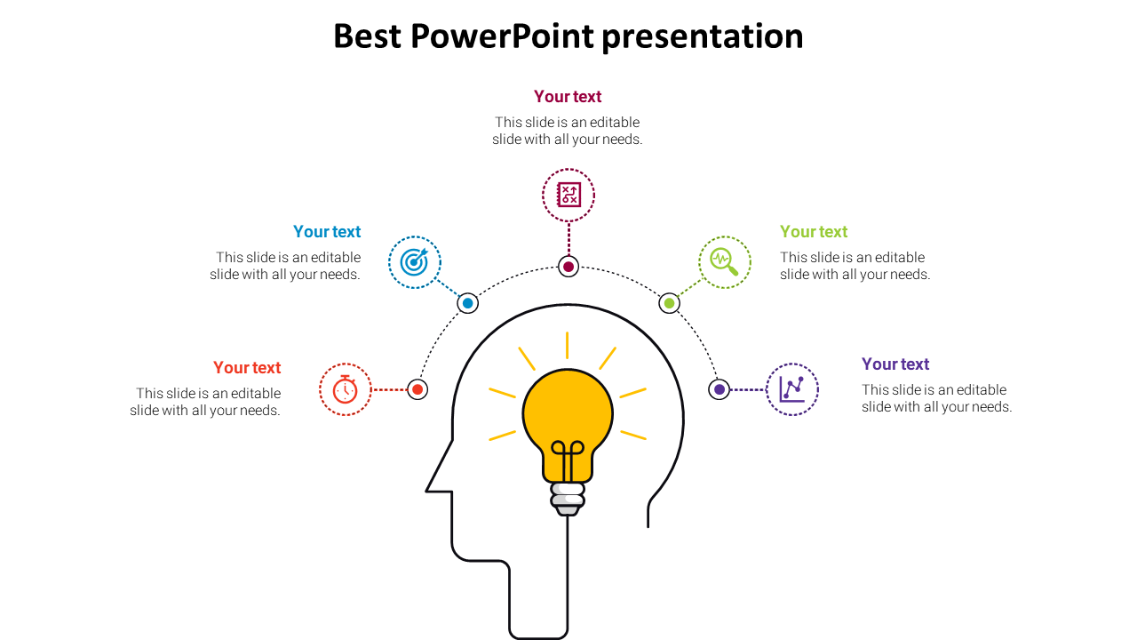 A creative PowerPoint slide with icons around a lightbulb in a head outline, representing ideas, time, focus, and more.